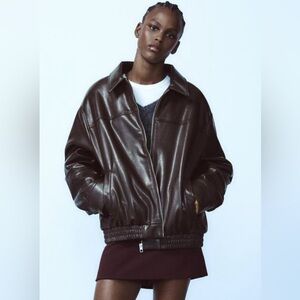 NEW Zara Faux Leather Oversized Bomber Jacket - Chocolate
